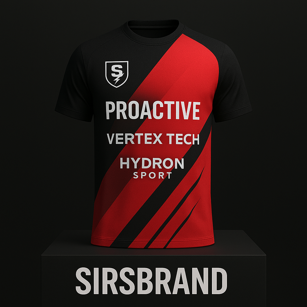 Jugador de pádel vistiendo camiseta técnica roja y negra SIRSBRAND con escudo y patrocinadores
