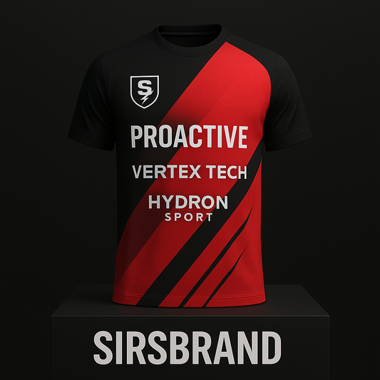 Jugador de pádel vistiendo camiseta técnica roja y negra SIRSBRAND con escudo y patrocinadores
