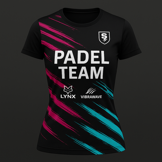Camiseta de pádel para mujer negra con detalles fucsias y turquesas – SIRSBRAND
