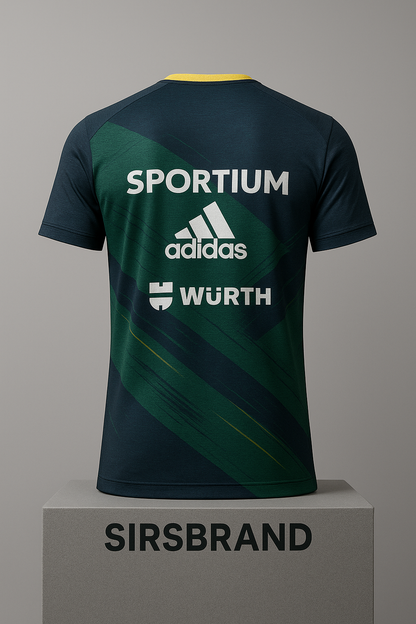 “Camiseta de pádel verde esmeralda para hombre de SIRSBRAND con patrocinadores HUBER, RENAULT y FINSA – vista frontal”