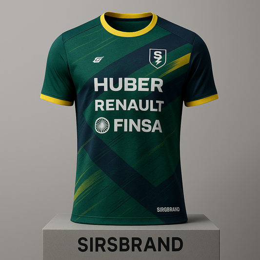 “Camiseta de pádel verde esmeralda para hombre de SIRSBRAND con patrocinadores HUBER, RENAULT y FINSA – vista frontal”