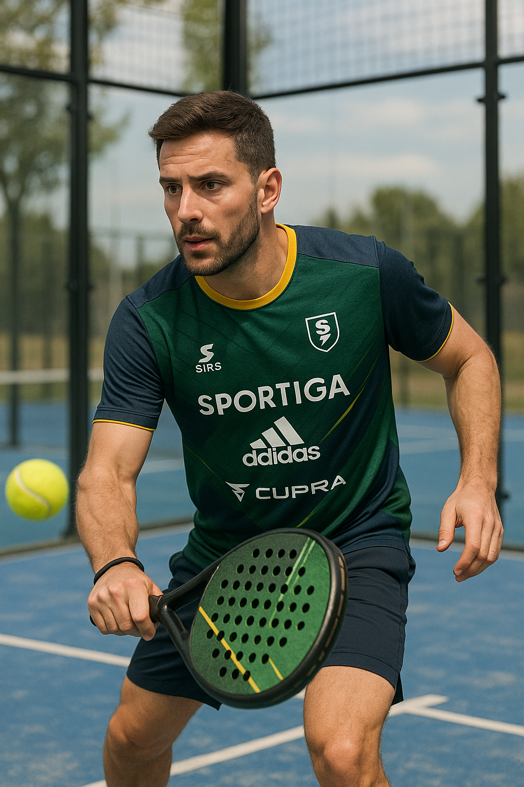 “Camiseta de pádel verde esmeralda para hombre de SIRSBRAND con patrocinadores HUBER, RENAULT y FINSA – vista frontal”